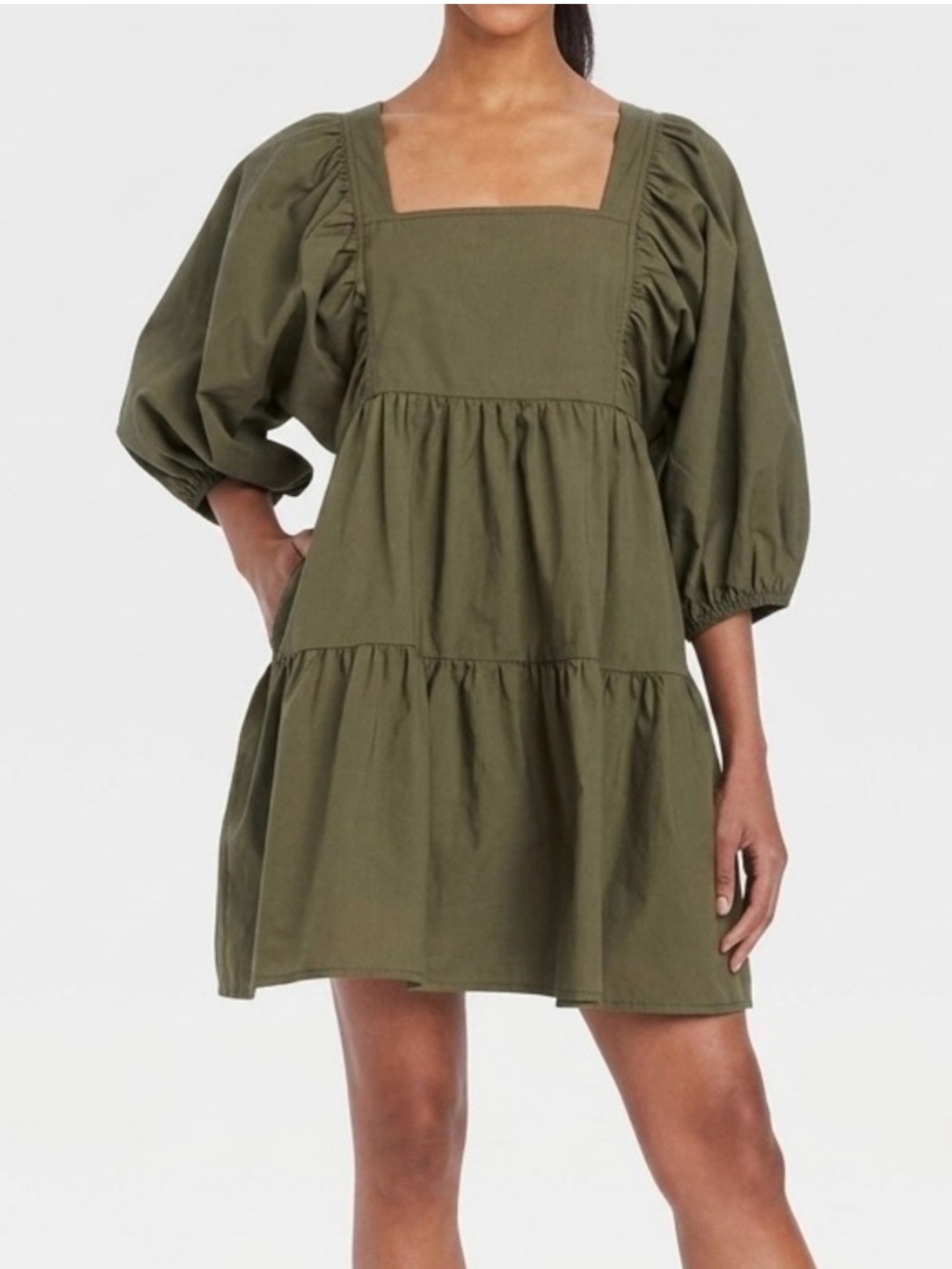 100% Cotton Olive Puff-Sleeve Square-Neck Tiered Dress- A New Day- size xs